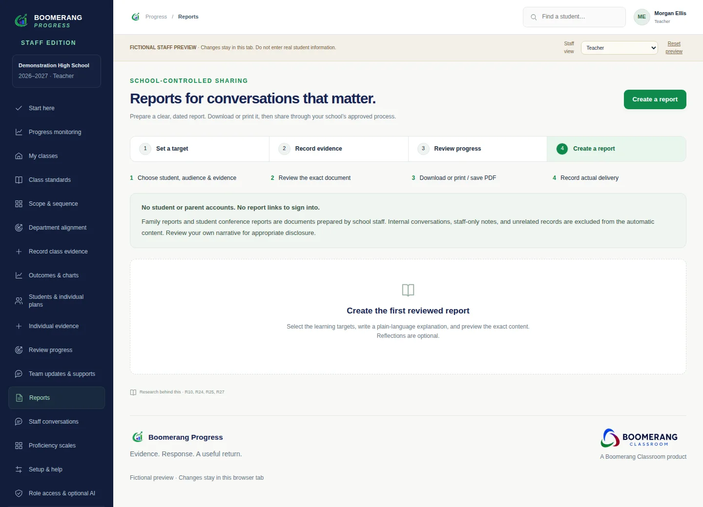 Reports prepared by staff screen in Boomerang Progress, with fictional demonstration information